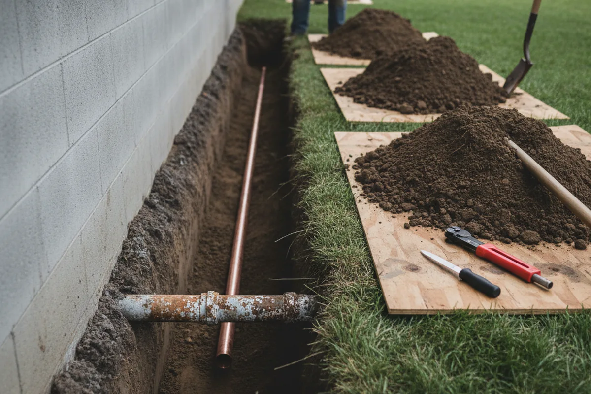 Excavated water line trench during Water Heater Repair in Milo